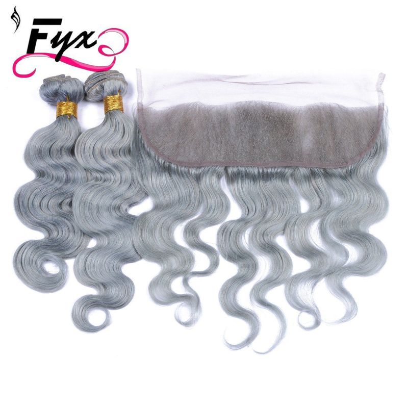 Fashion Silver Grey Human Hair Extensions 2 Wefts with Frontal Gray Brazilian Human Hair 100% Virgin Unprocess Silver Grey Lace Frontal