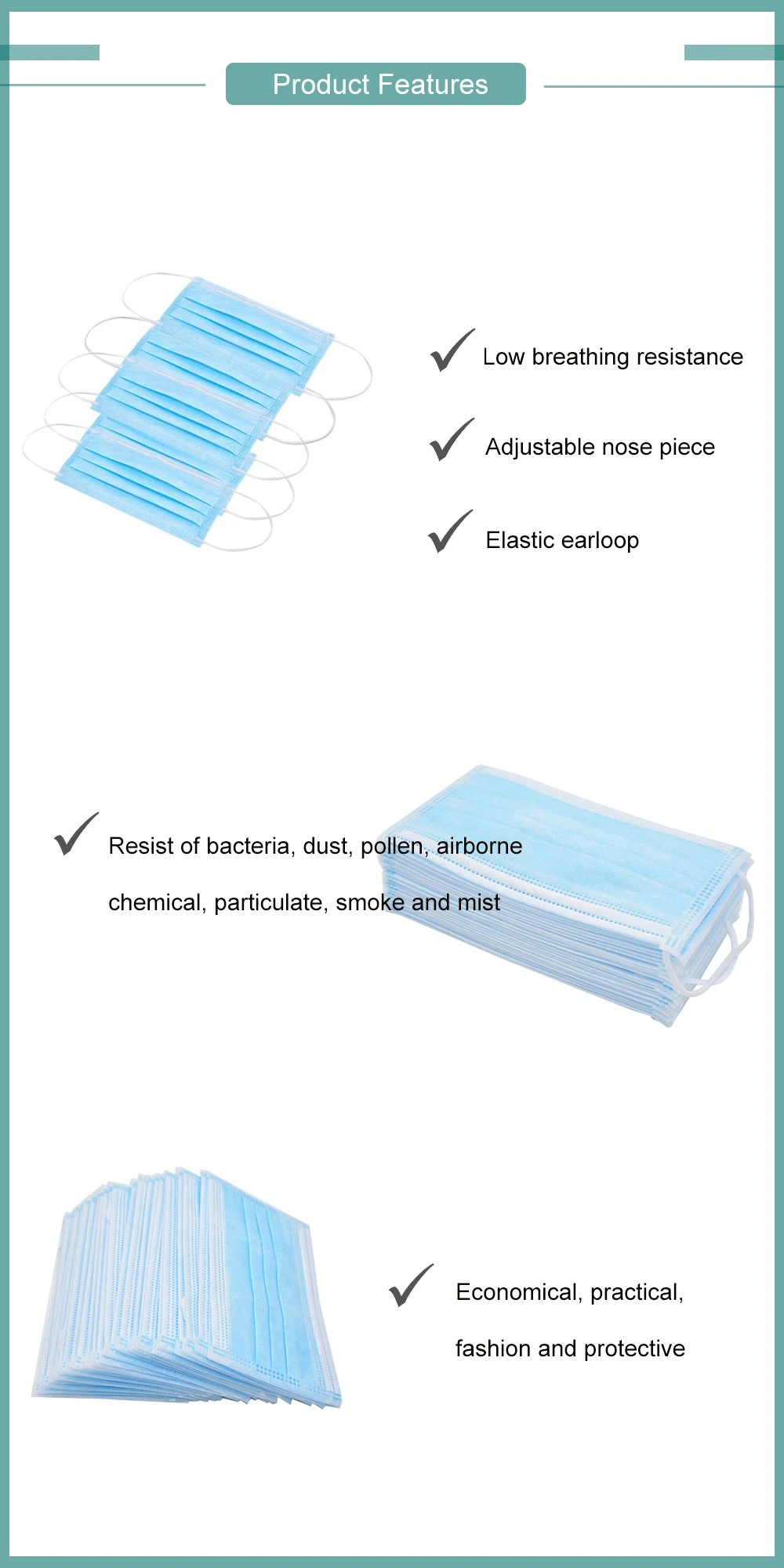 Anti-Bacterial Anti-Fog Anti-Pollution Blue Elastic Earloop 3ply Disposable Face Mask
