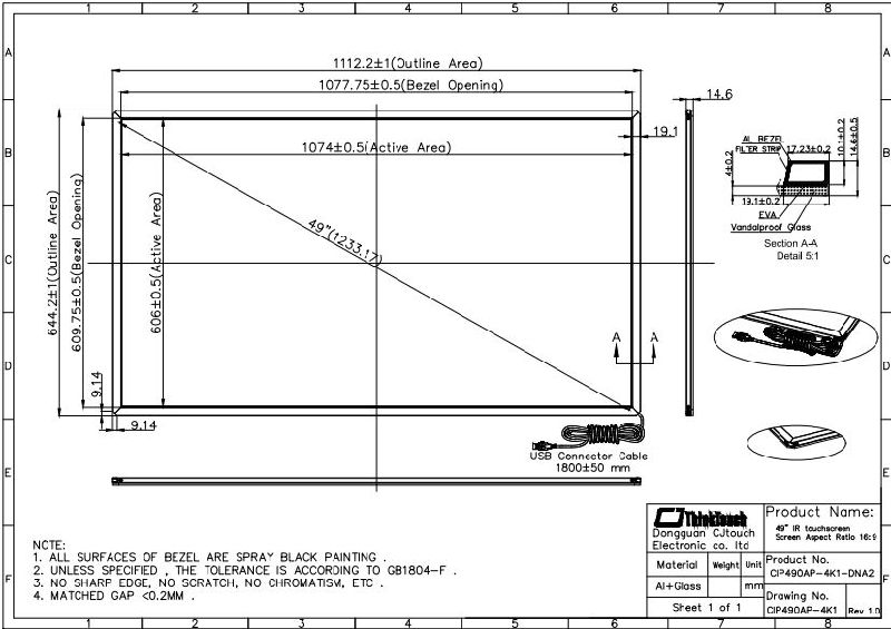 49"Aluminum Enclosure Infrared Touch Screen with 4mm Glass