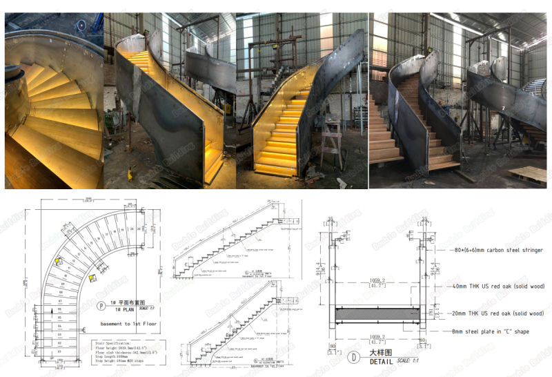 Modern Tempered Glass Curved Stairs Single Steel Beam Stairs