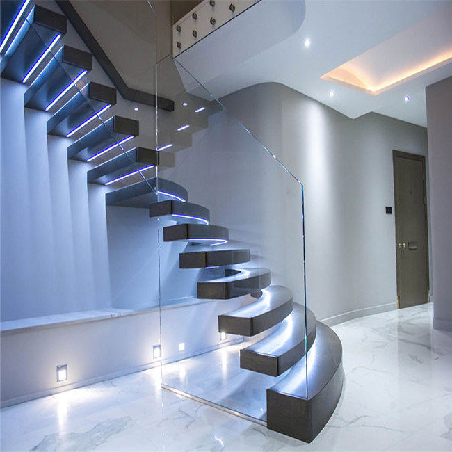 Apartment Decoration Interior Loft Straight Stair Wooden Treads Floating Staircase