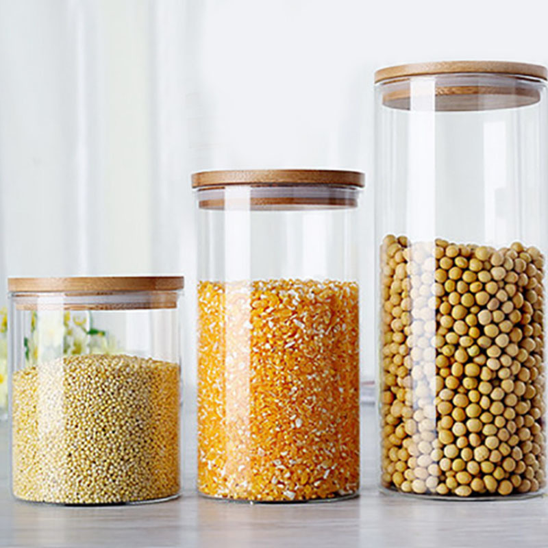 Clear Cylinder Containers with Bamboo Lid High Borosilicate Glass Food Storage Jars