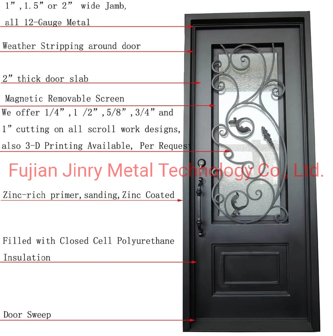 Custom Wroughti Iron Plate Door Raised Panel Design Security Entry Door with Glass Sidelight