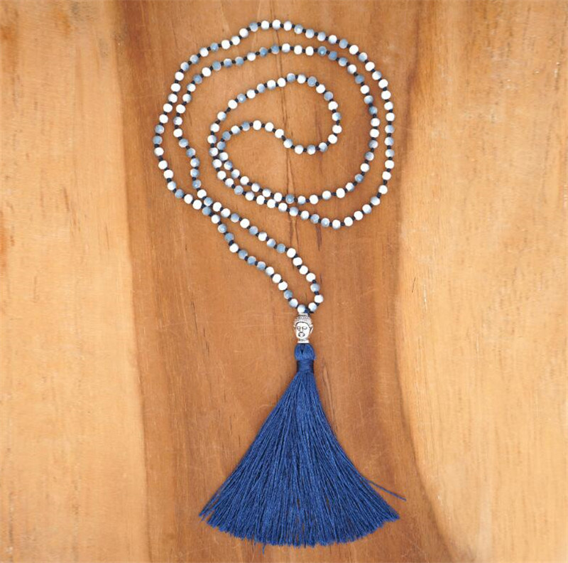 Long Crystal Glass Seed Bead Necklace Rectangle Crystal Glass Tassel Necklace