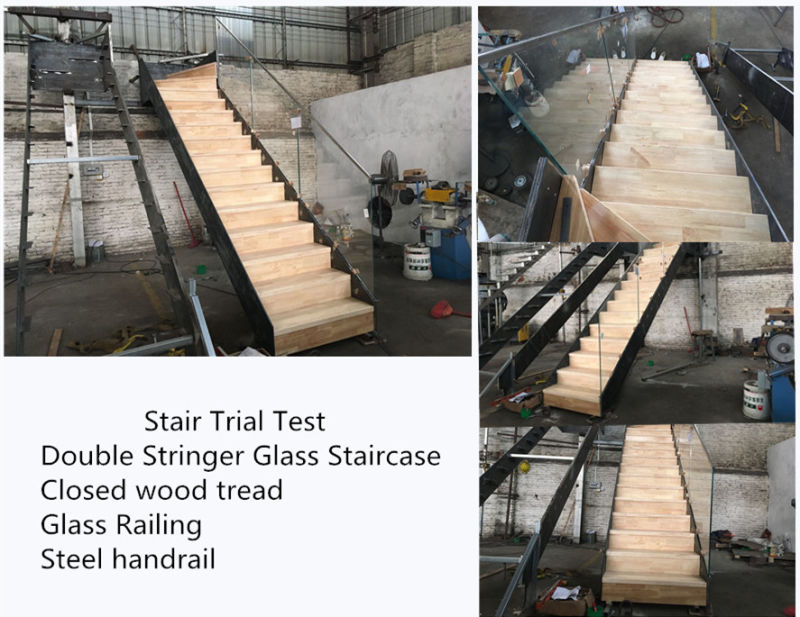 Custom Double Steel Stringer Wood Tread Glass Rails Straight Stairs