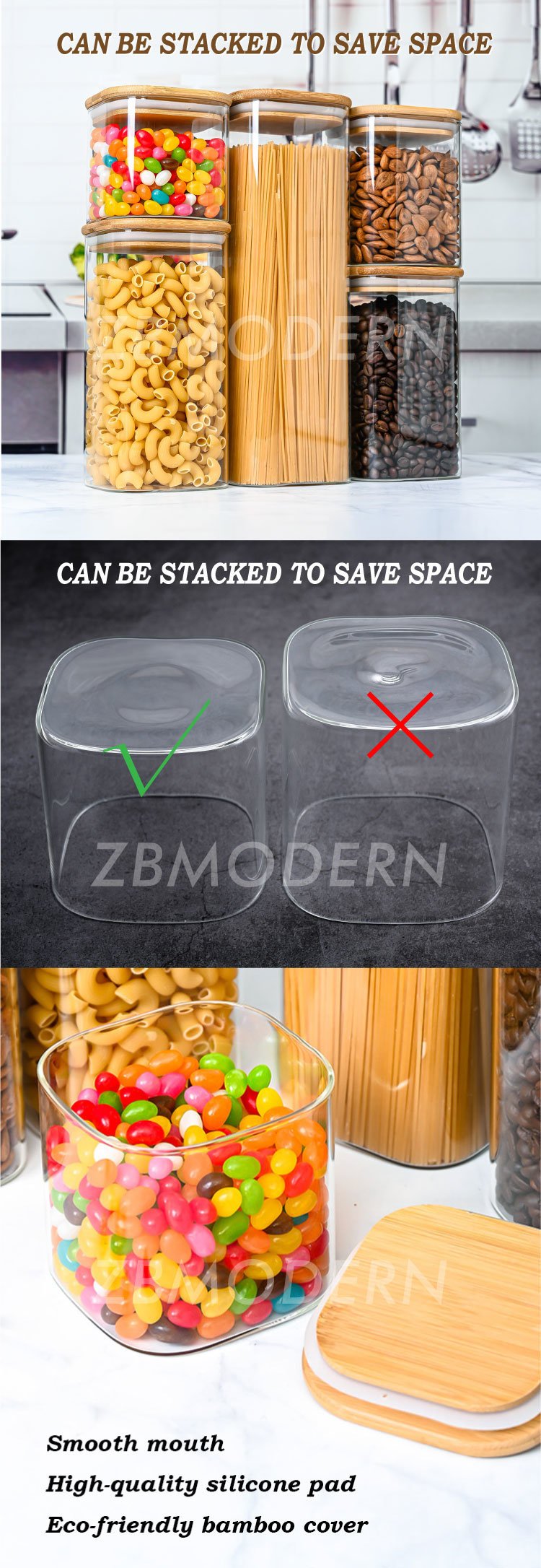 High Borosilicate Glass Container Square Glass Jars Food Storage Set Glass Containers with Bamboo Lids