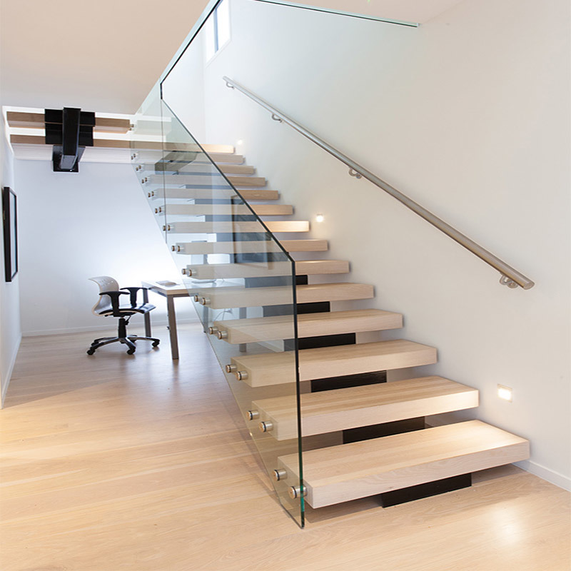 USA Residential Steel Stringer Solid Wood Straight Stairs/ Glass Railing Staircase
