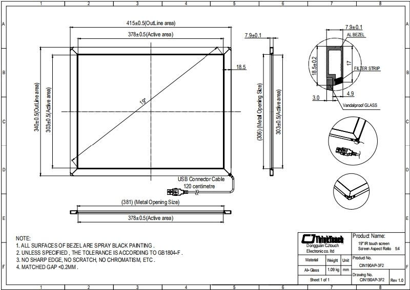 19"IR Multi-Touch Infrared Touch Screen Made of 3mm Glass