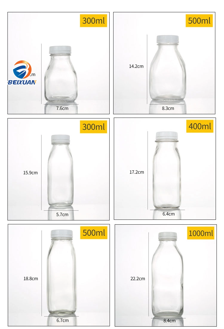 Stock 300ml Empty Glass Milk Bottle French Square Juice Glass Bottle with Tamper-Proof Cap