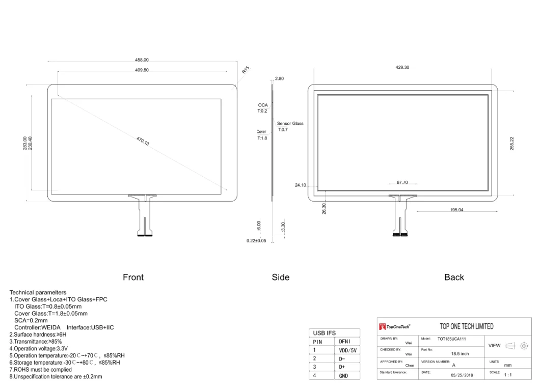 18.5 Inch Anti-Glare Edge to Edge Cover Glass Optical Bonding Projected Capacitive Multiple Touchpanel Screen
