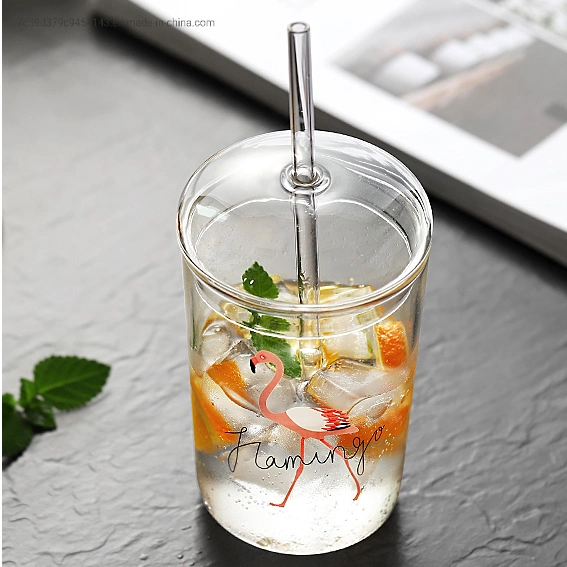 500ml Borosilicate Glass Cup, Glass Flamingo Cup with Straws and Glass Lid
