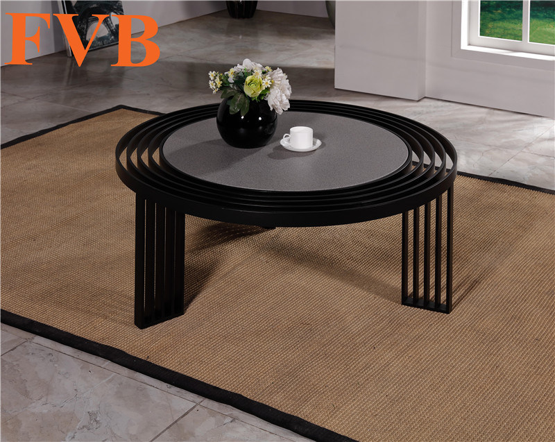 Round Tempered Glass Coffee Table with Stone Paint Tempered Glass