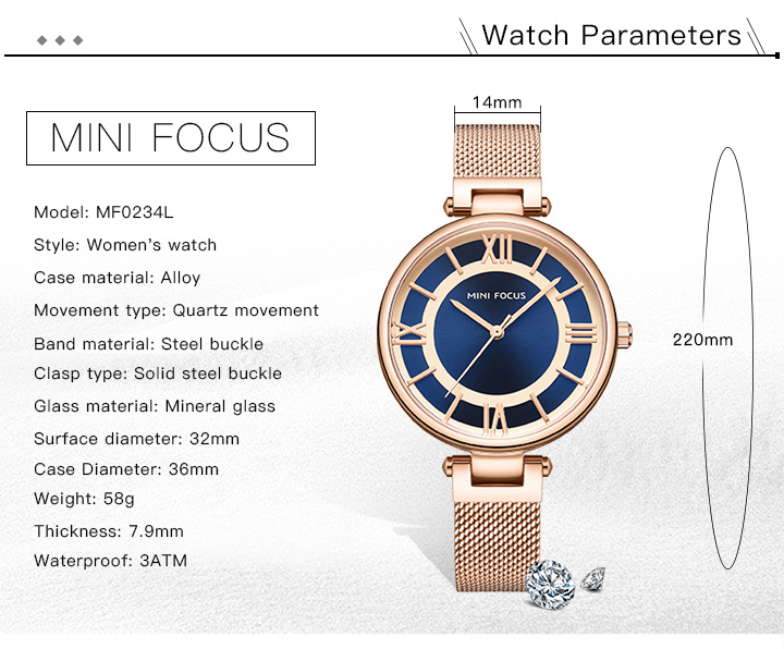 Mini Focus Mineral Glass Steel Mesh Lady Quartz Wrist Watch