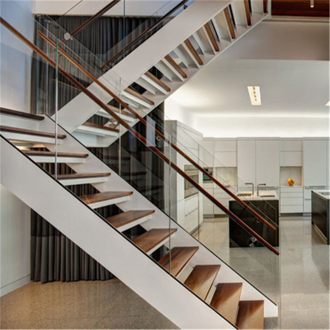 Round Glass Staircase / Carbon Steel Glass Rail Curved Stairs