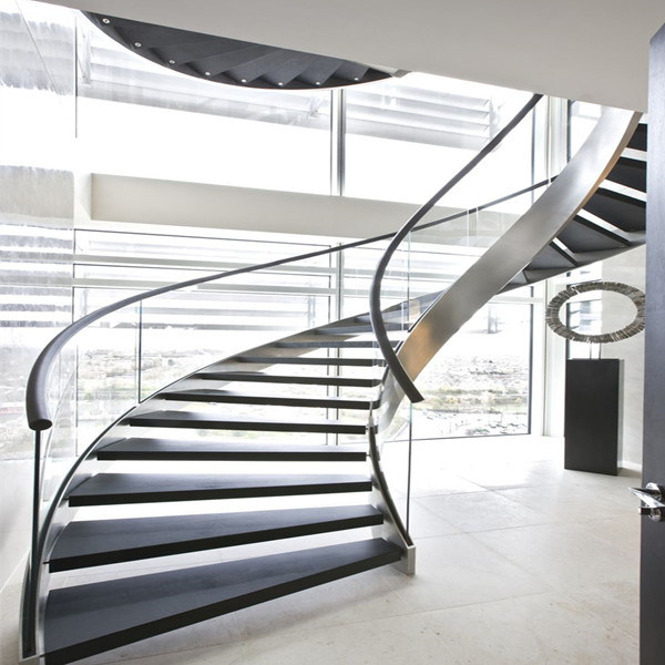 Modern Housing Design Tempered Glass Steps Curved Staircase
