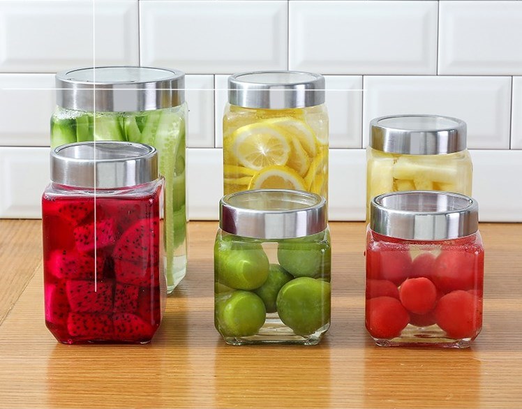 Set of Four Glass Storage Jar with Metal Lid for Kitchenware