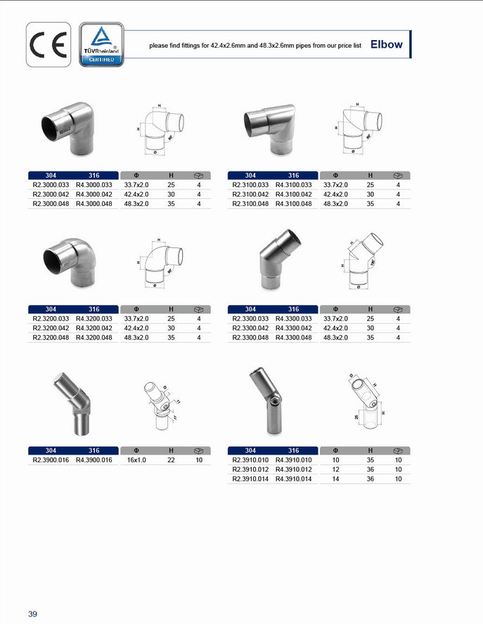 Stainless Steel Handrail Elbow for Decking Railing/Glass Balustrade/Staircase/Handrail Support