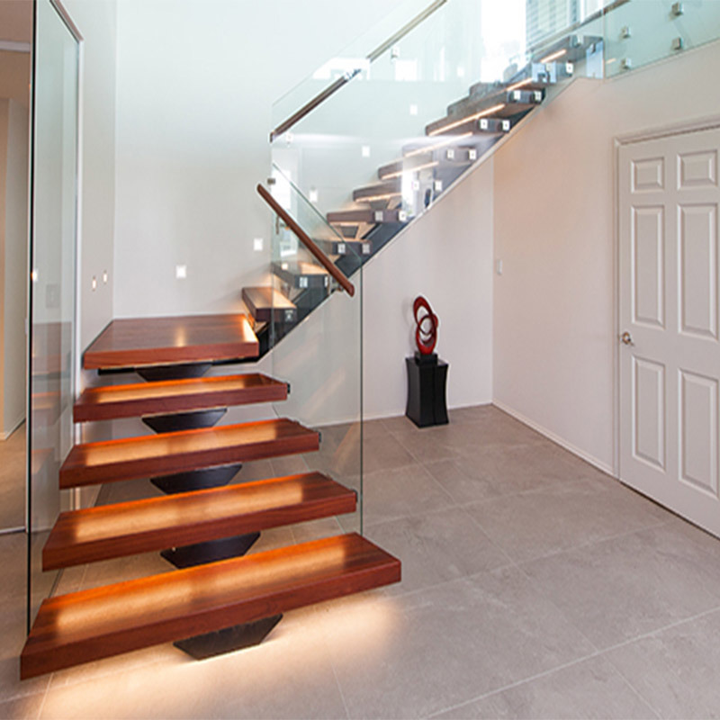 Commercial Indoor Metal Stairs Glass Railing LED Straight Stairs