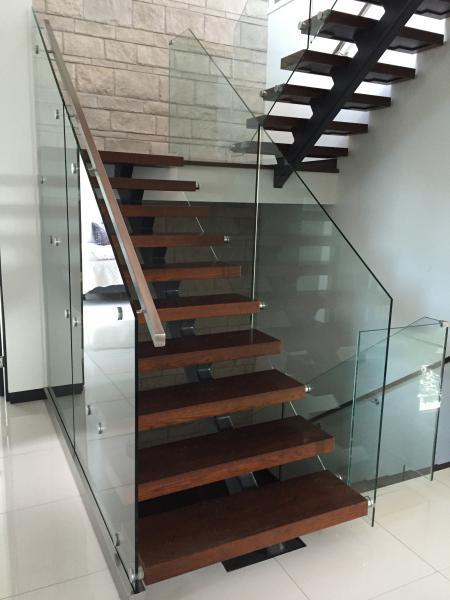 Metal Glass Railing Staircase Indoor Wooden Straight Stairs