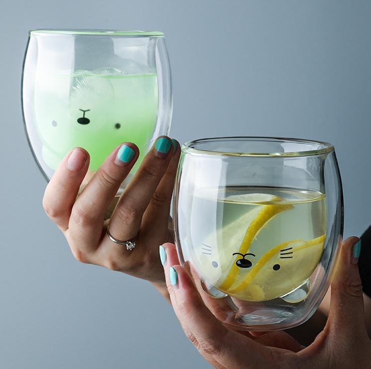 Clear Borosilicate Glass Double Layer Animal Shape Drinking Cups with Color Glass