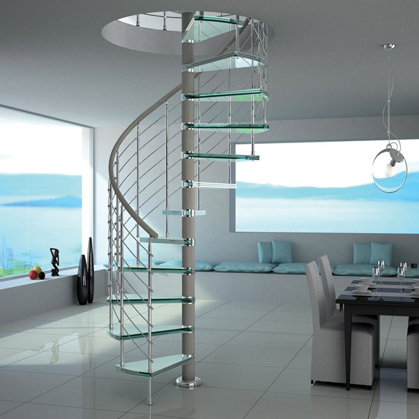 Modern Housing Design Tempered Glass Steps Curved Staircase