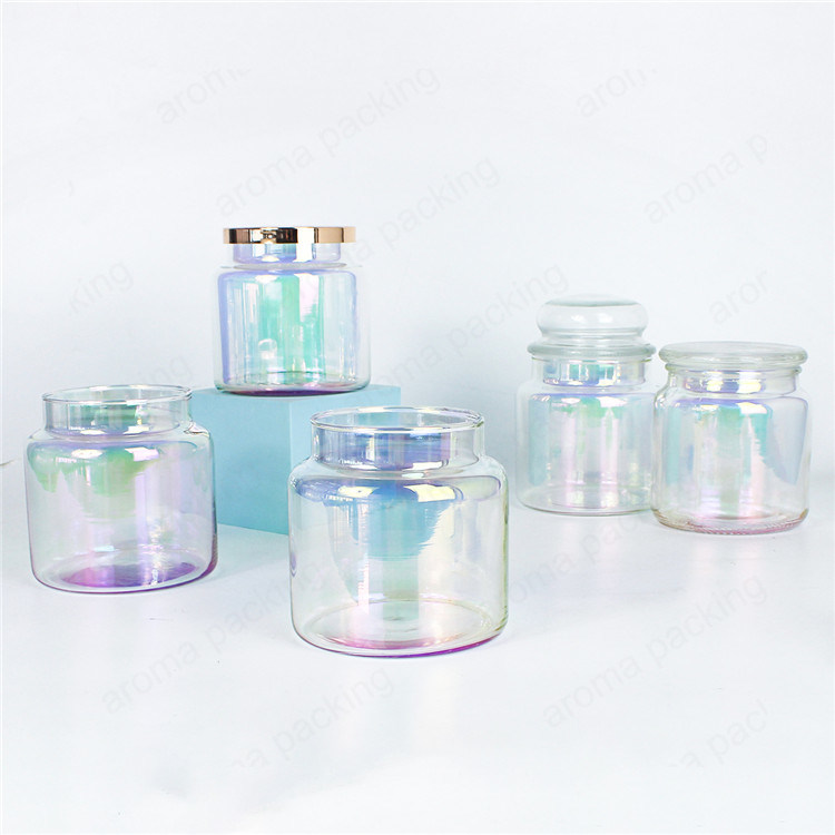Luxury 350ml Translucent Iridescent Glass Candle Jar with Metal Lids