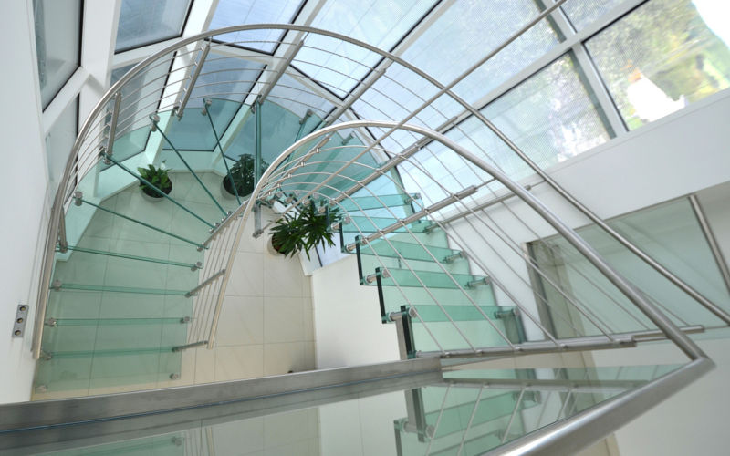 Assembly Curved Glass Staircase / Stair Glass Step Stainless Steel Railing