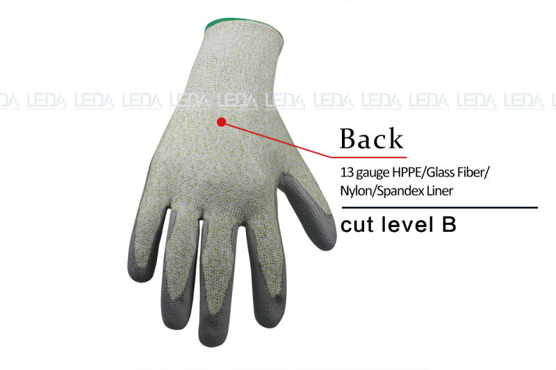 13G Cut Level B Hppe/Glass Fiber Shell Grey PU Palm Coated Gloves
