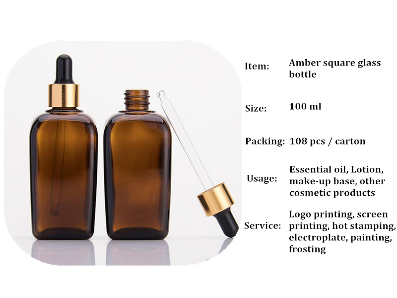 Square Shape Amber 100ml Square Glass Dropper Bottle for Essential Oils