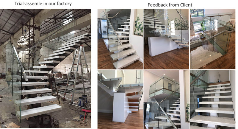 Modern Design Steel Wood Stairs Straight Customized Glass Railing Stairs