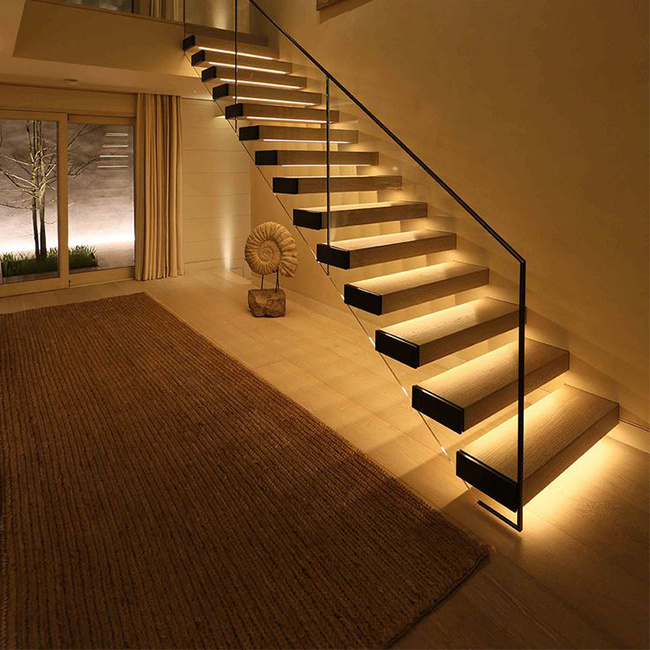Indoor Straight Stairs Tempered Glass Handrail Solid Wood Floating Stair
