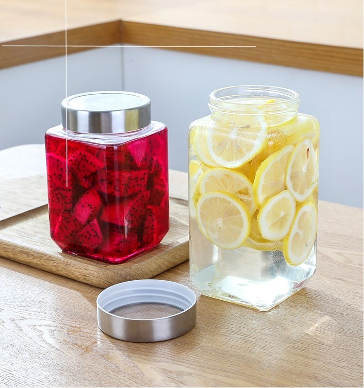 Set of Four Glass Storage Jar with Metal Lid for Kitchenware