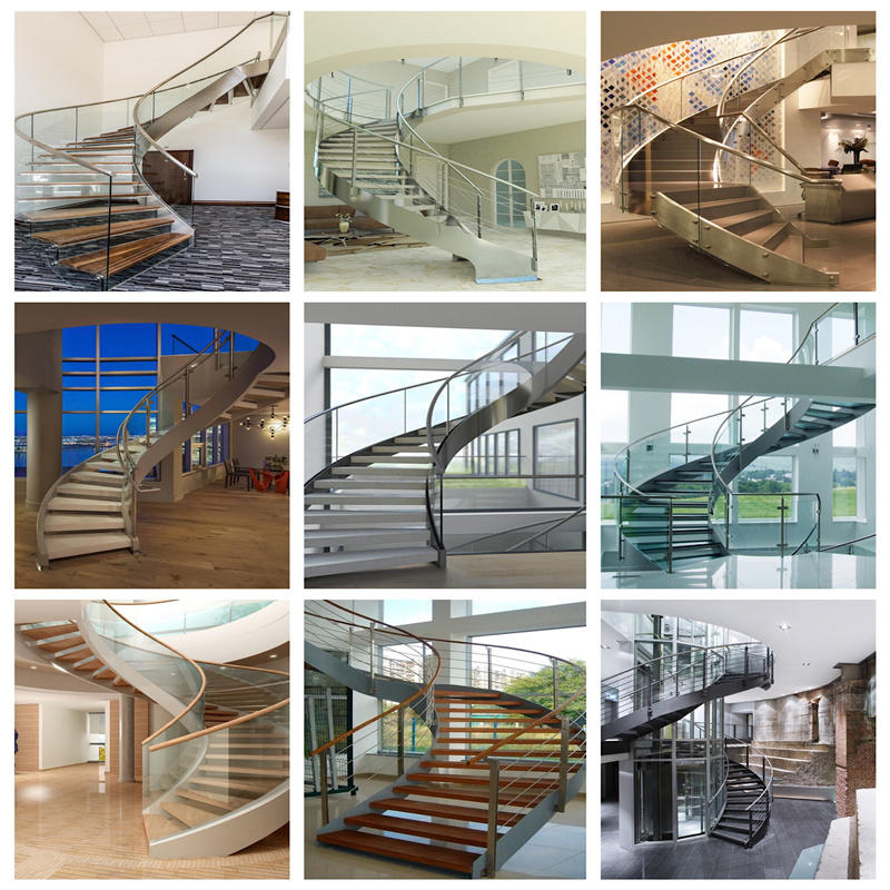 Metal Stringer Curved Staircase Tempered Glass Staircase