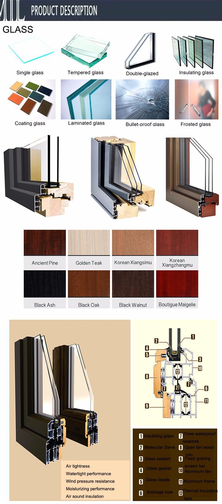 New Design Double Tempered Glass Aluminum Clad Wood French Door