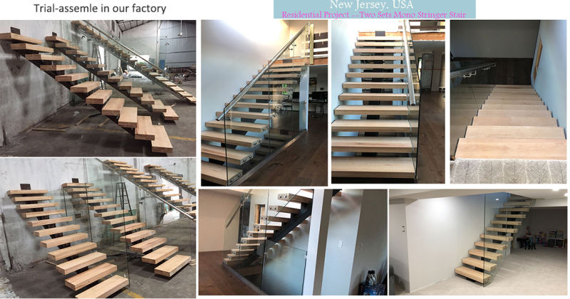 Solid Wooden Indoor Prefabricated Stairs Custom Glass Railing Straight Staircase