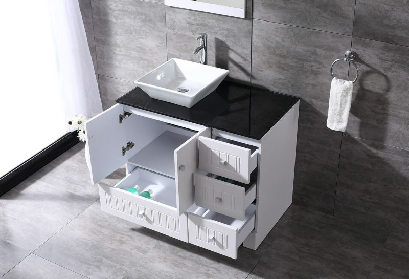 Bathroom Vanity 36'' PVC Cover Cabinet Ceramic Vessel Sink Black Counter Top Set
