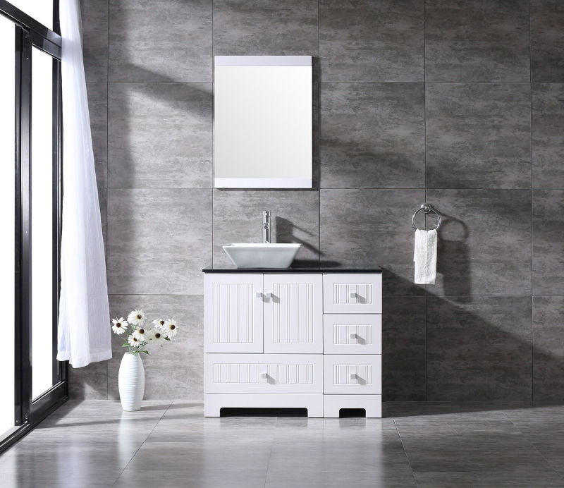 Bathroom Vanity 36'' PVC Cover Cabinet Ceramic Vessel Sink Black Counter Top Set
