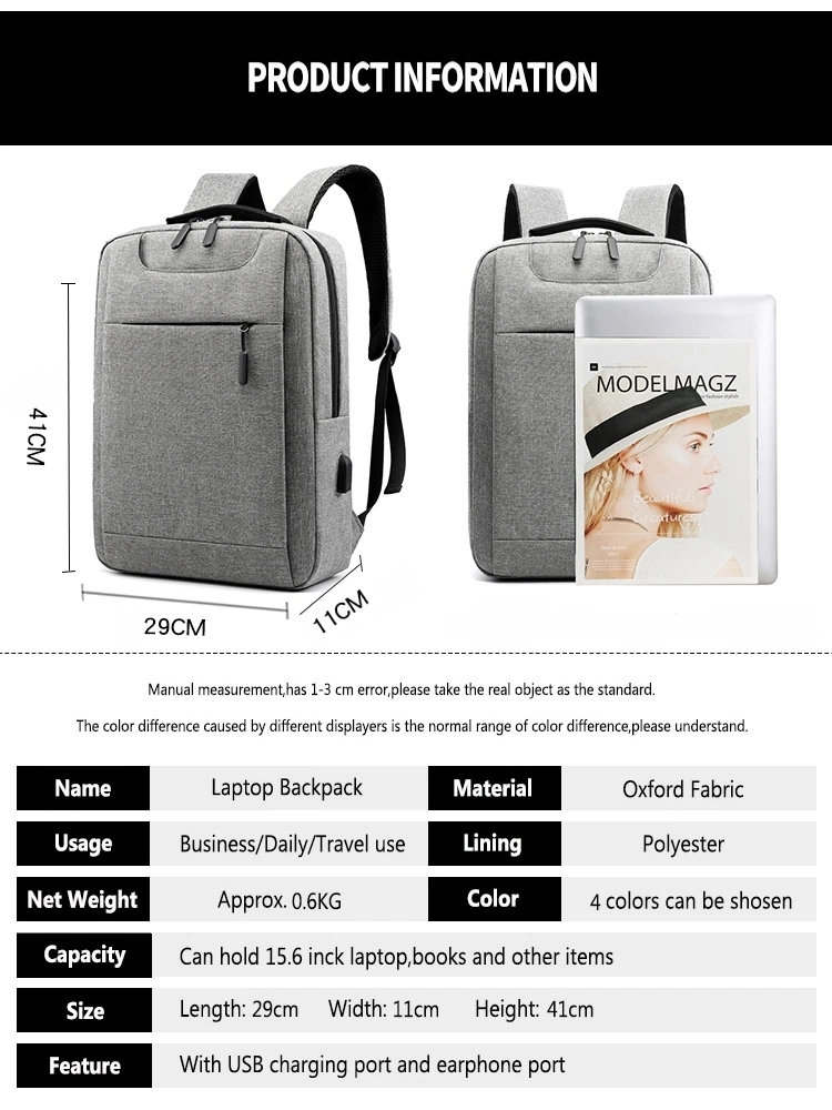 Travel Casual USB Charger Back Bag Notebook Backpack for Students Business Laptop Backpack