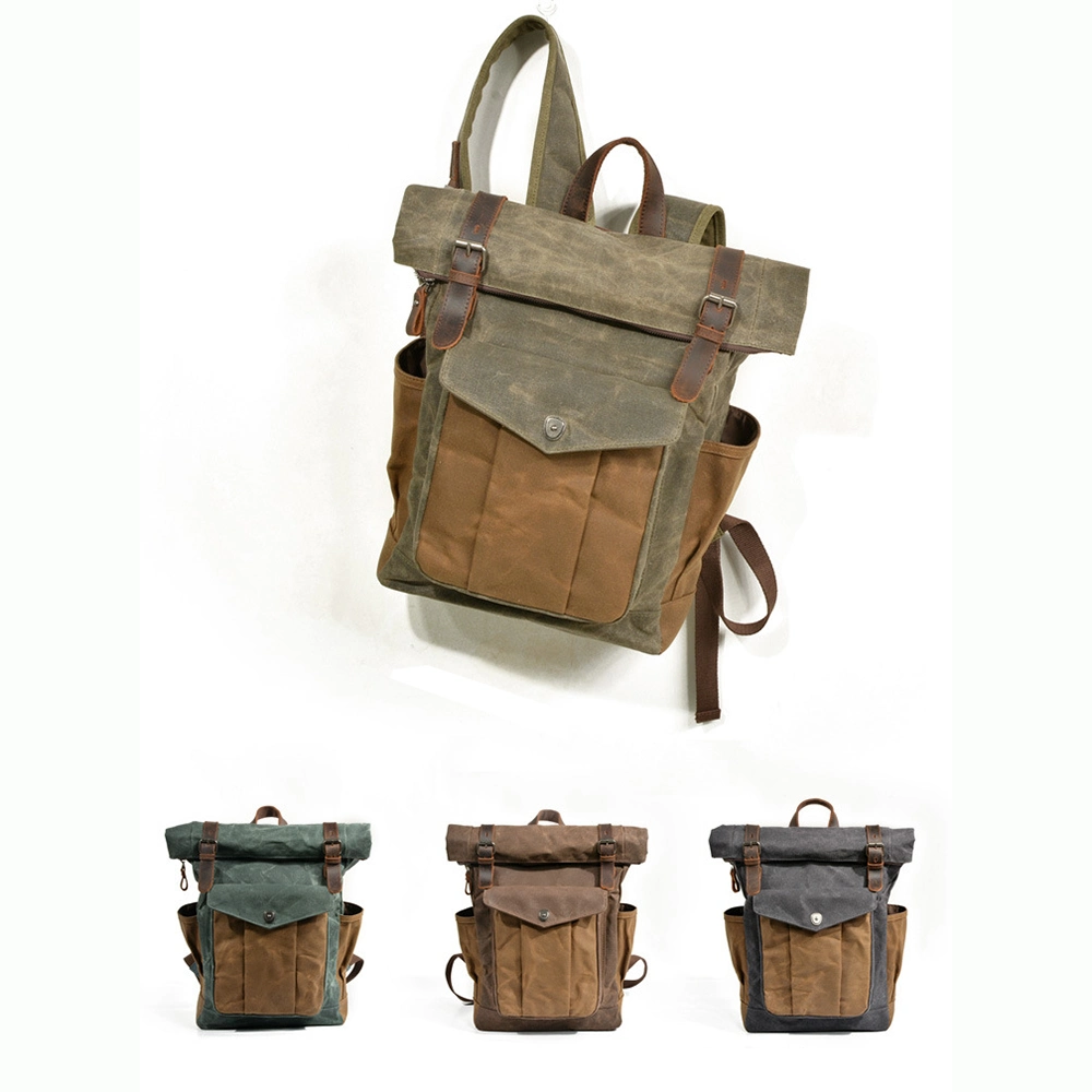 Travel Backpacks Bag Oil Wax Canvas Leather Trekking Rucksacks Waterproof Backpacks for Outdoor Hiking Climbing Military Esg13259