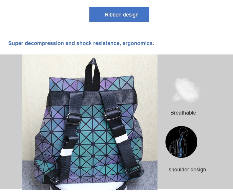 Luminous Women Leather Geometric Backpacks Diamond Lattice Drawstring Backpacks Holographic School Backpack