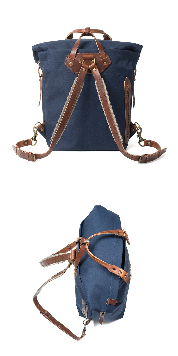 Good Quality Durable Real Leather Navy Blue Canvas Bag Sport Rucksack Backpack for Men