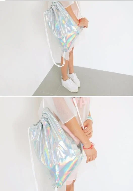 Metallic Silver Hologram Backpack Laser Holographic Drawstring School Bag Sack