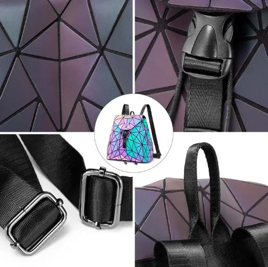 Luminous Backpack Sets Women Geometric PU Leather Backpacks Holographic Reflective Ladies Messenger Bags