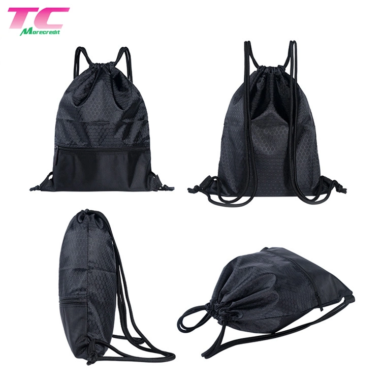 Morecredit Promotional Basic Style Waterproof Nylon Gym Backpack Bags with Zipper, Custom Print Drawstring Sports Backpack Bag for Outdoor Hiking Shopping