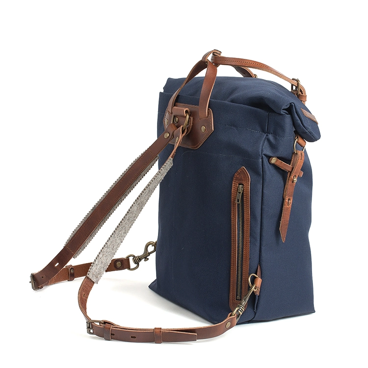 Good Quality Durable Real Leather Navy Blue Canvas Bag Sport Rucksack Backpack for Men