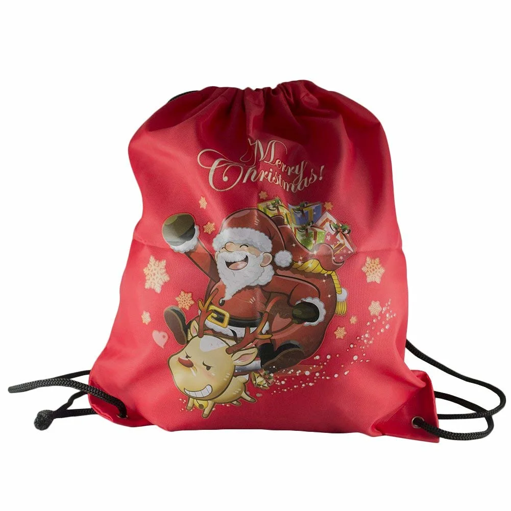 Wholesale Nylon Durable Printing Folding Christmas Drawstring Bag Santa Gifts Sack Backpack