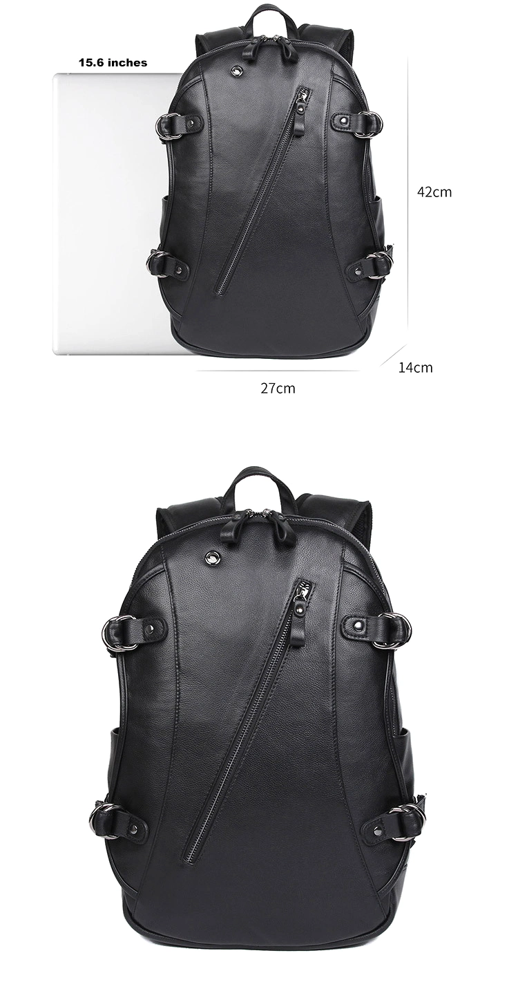 Newest Design Low Price Good Quality Black Real Leather Laptop Backpack with USB Charging Port