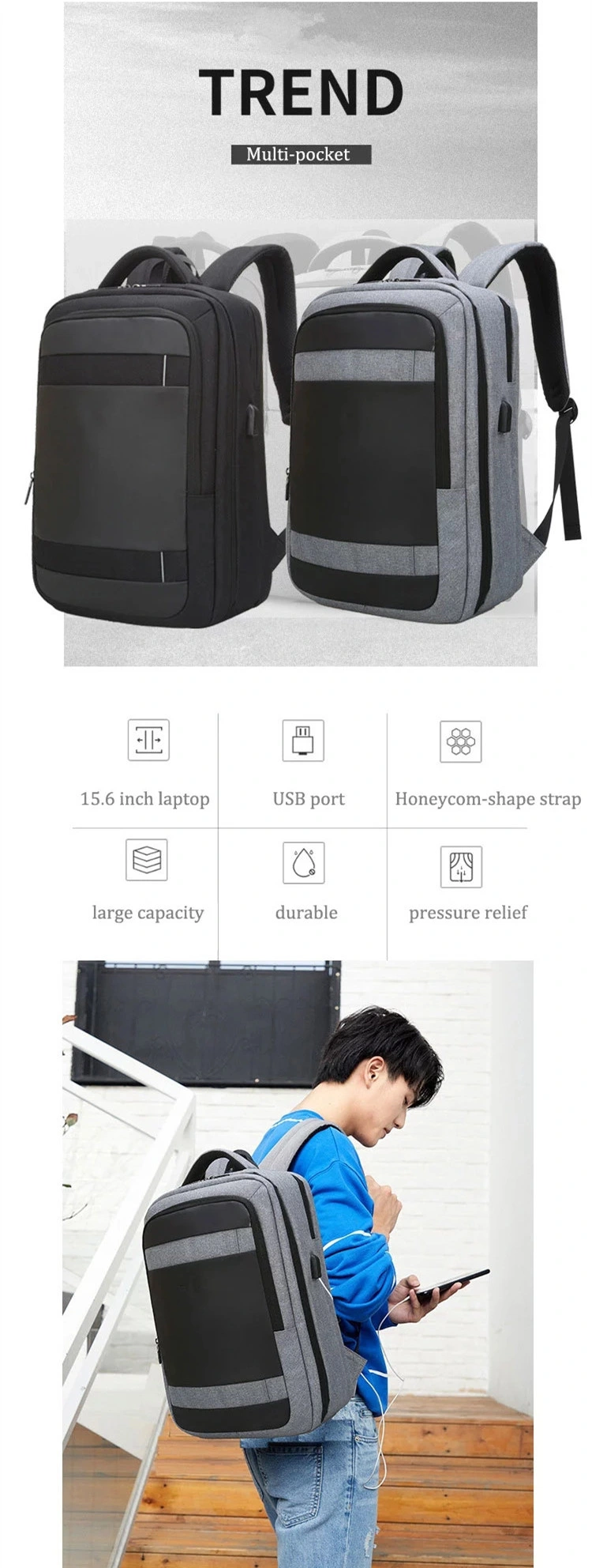 Waterproof Business Backpack Large Capacity Travel Backpack with USB Charging Laptop Backpack School Bag