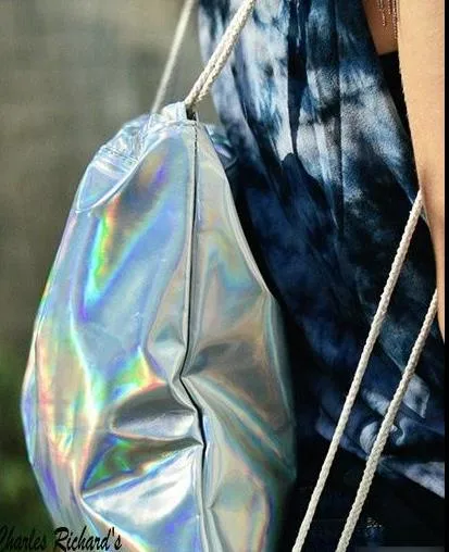 Metallic Silver Hologram Backpack Laser Holographic Drawstring School Bag Sack