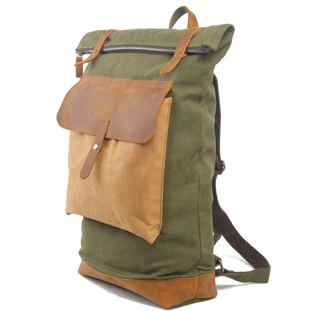 Contrast Color Attached Pocket Canvas Camping Backpack Bag (RS-104)